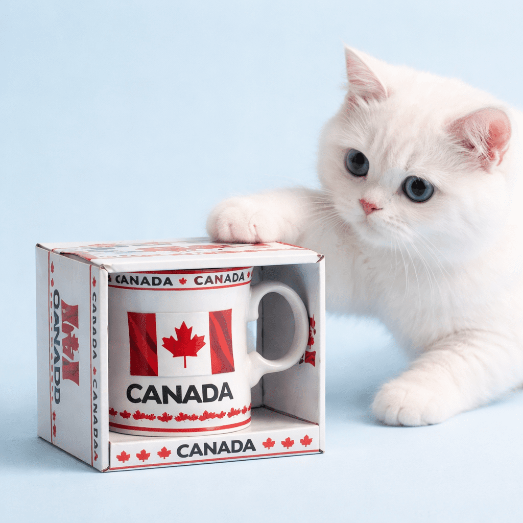 Canada souvenir coffee mug with maple leaf design, red interior, three unique Canadian images and gift box packaging
