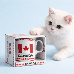 Canada souvenir coffee mug with maple leaf design, red interior, three unique Canadian images and gift box packaging